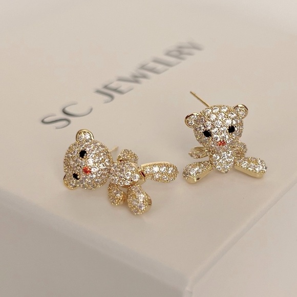 Teddy Bear Earrings 14k Gold Plated Sterling Silver Luxury Earrings - Picture 2 of 11